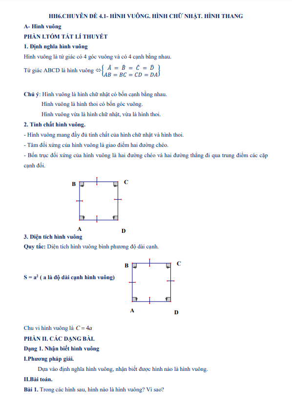 Tài liệu dạy thêm học thêm chuyên đề hình vuông, hình chữ nhật, hình thang