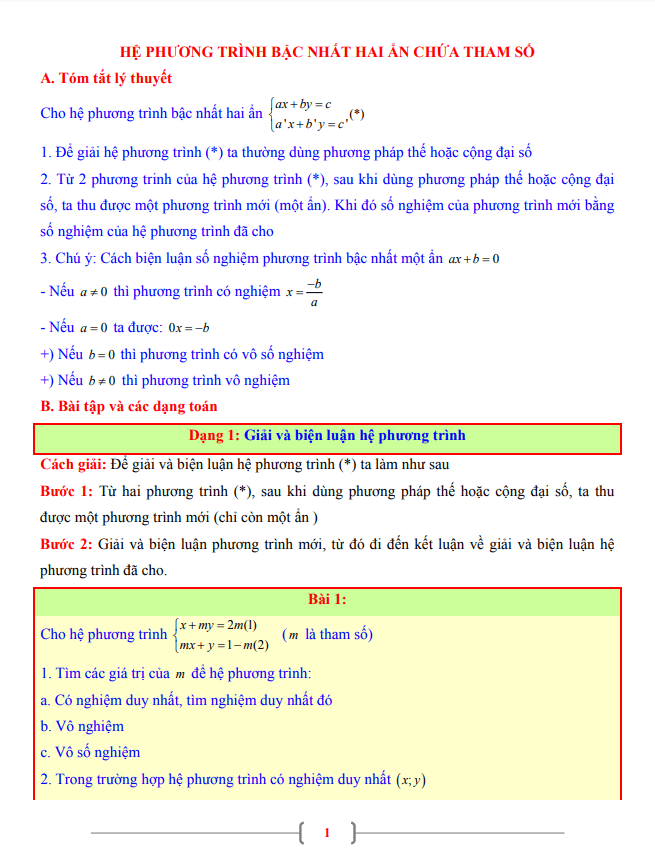 Tài liệu lớp 9 môn Toán chủ đề hệ phương trình bậc nhất hai ẩn chứa tham số
