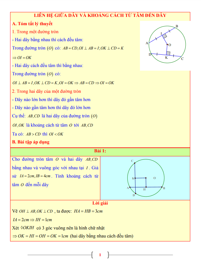 Tài liệu lớp 9 môn Toán chủ đề liên hệ giữa dây và khoảng cách từ tâm đến dây