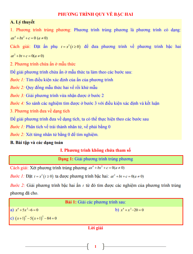 Tài liệu lớp 9 môn Toán chủ đề phương trình quy về phương trình bậc hai