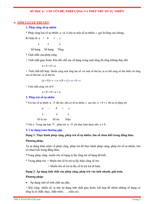 Tóm tắt lý thuyết và bài tập trắc nghiệm chuyên đề phép cộng và phép trừ số tự nhiên